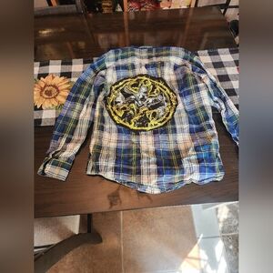 Upcycled Kids Blue Plaid Shirt with Graphic Design Size Large